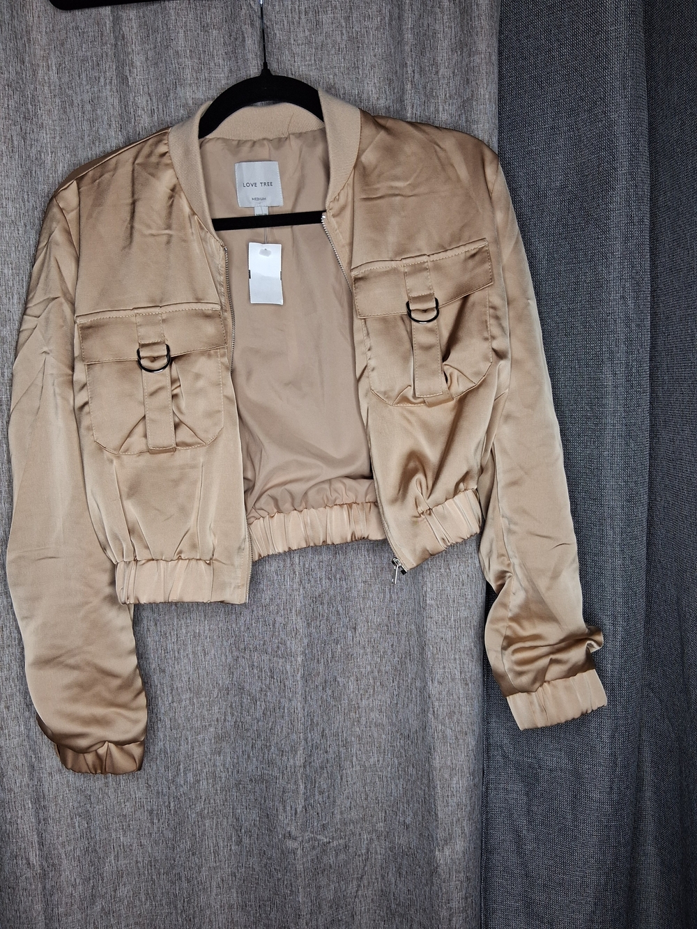LOVE TREE Women's Satin Bomber Jacket - Beige